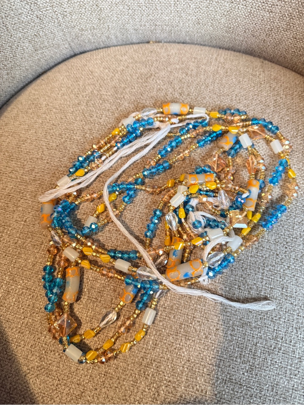 African Boho Multi-Strand Glass Bead Necklace in Blue & Gold